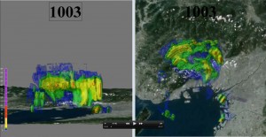 Xバンド偏波ドップラーレーダーが捉えた大阪湾周辺を移動する豪雨の3次元図